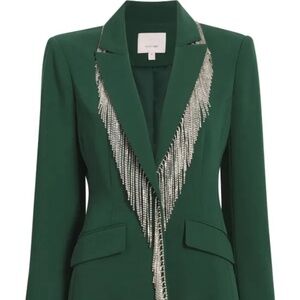 NWT Cinq a Sept 'Cheyenne' Rhinestone Fringe Embellished Blazer, Dark Emerald